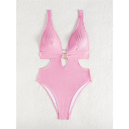 Damen Badeanzug tiefer V-Ausschnitt Cut-Out Monokini hoher Beinausschnitt 8 Farben