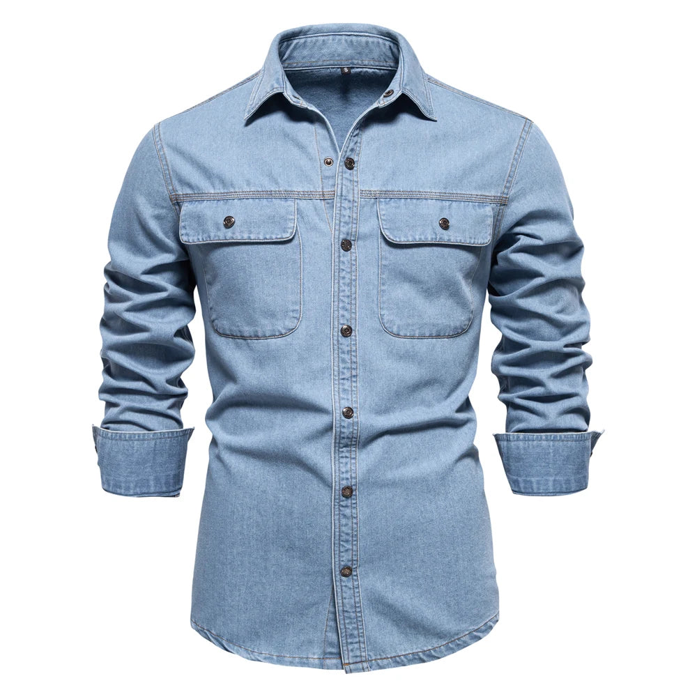 Herren Denim Shirts aus 100 Prozent Baumwolle mit doppelten Taschen im Casual-Stil