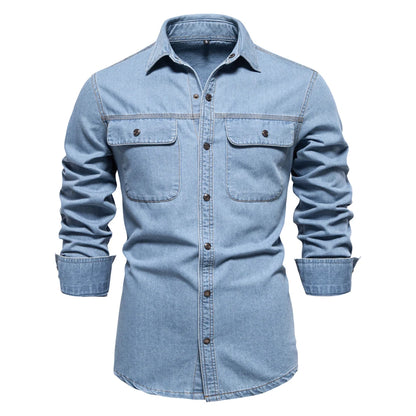 Herren Denim Shirts aus 100 Prozent Baumwolle mit doppelten Taschen im Casual-Stil