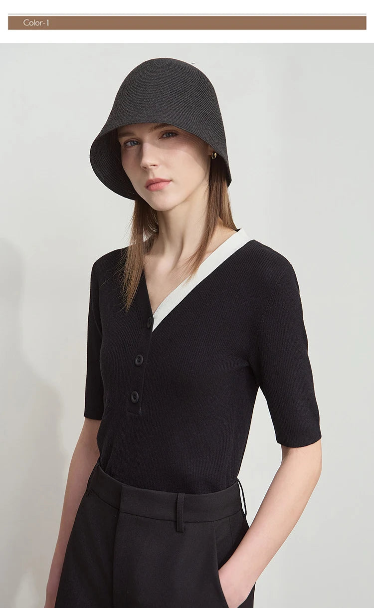 Damen-Strickpullover mit V-Ausschnitt, halbem Ärmel und Knopfleiste, schwarz