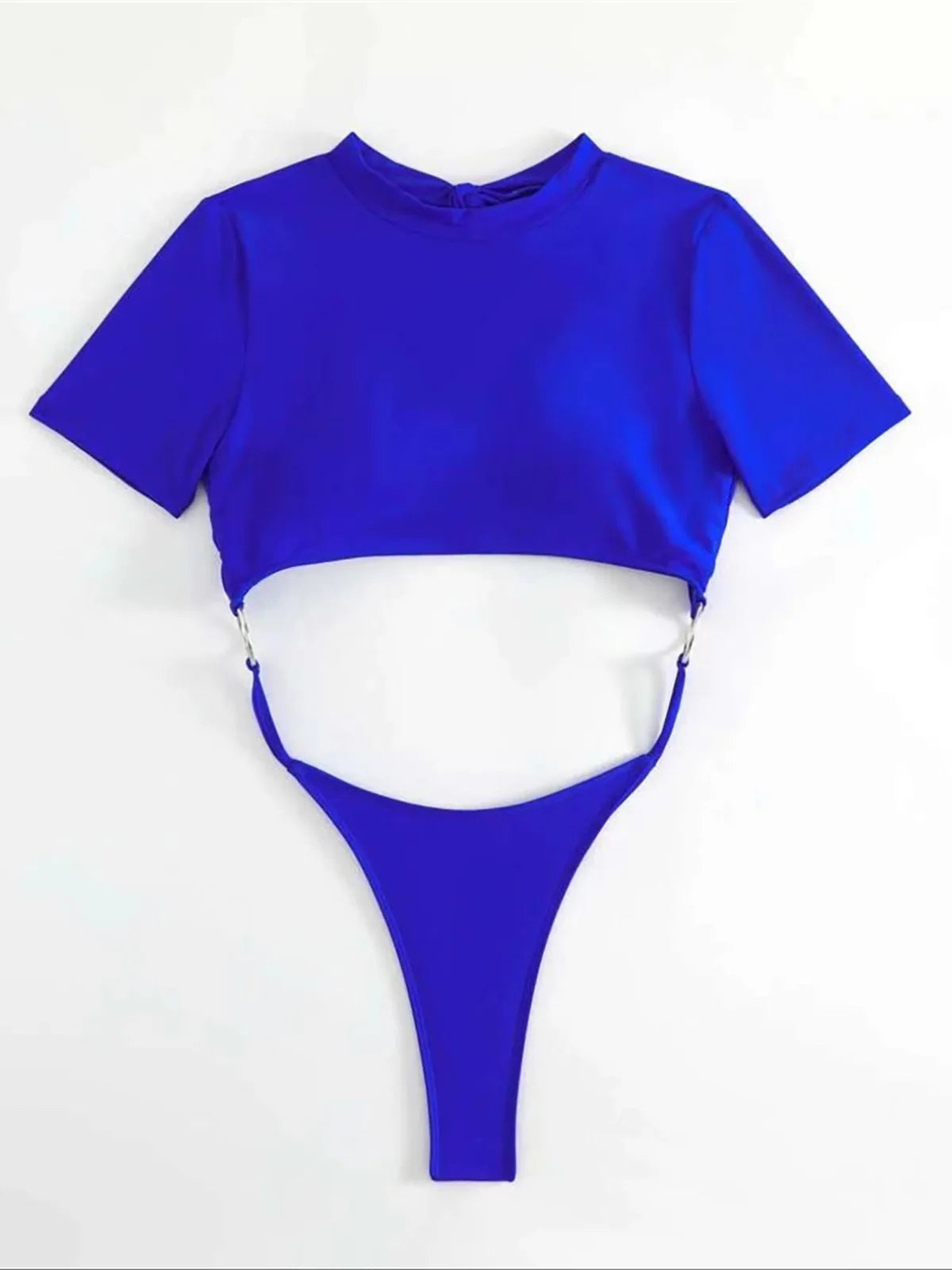 Damen Badeanzug Micro Tanga Cut-Out Monokini Kurzarm 9 Farben