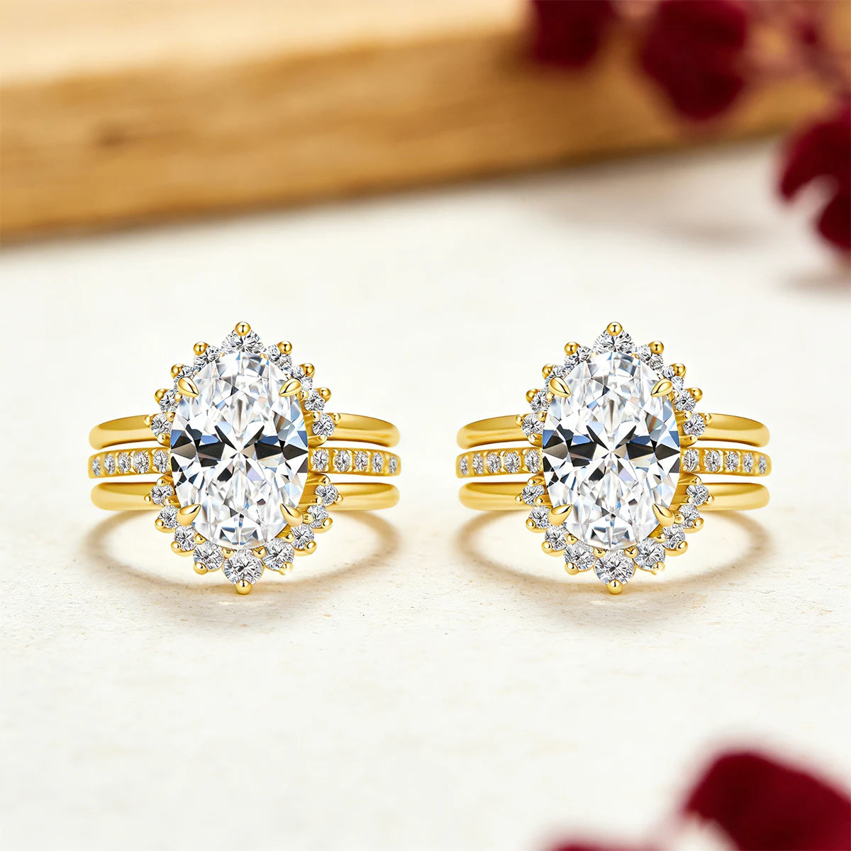Damen-Verlobungsring-Set aus Silber mit ovalem Moissanit, 5 Karat Gesamt, 3-Teiliges Ringset, Zertifikat