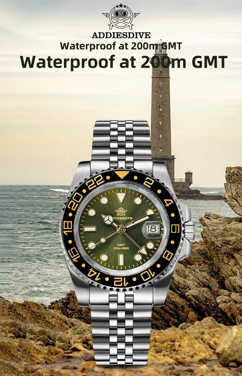 ADDIESDIVE Watch For Man GMT BGW9 Super Luminous 316L Stainless Steel 20Bar Diving Ceramic Bezel Quartz Watch