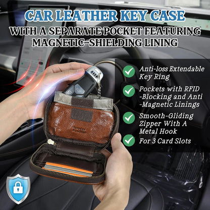 Braunes Echtleder-Autoschlüssel-Etui mit Reißverschluss, Innenfach und Metallring am Schlüssel.