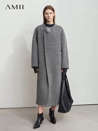 Damen Wollmantel im minimalistischen Stil mit Rundhalsausschnitt und abnehmbarer Corsage