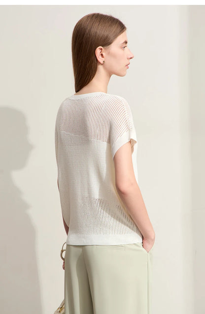 Damen-Wollstrickpullover, Rückansicht, lockere Passform, kurzer Ärmel, beiger Strick