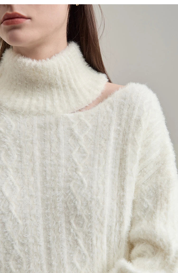 Damen-Rollkragenpullover Hohlstrick Viskose locker lang Raglan Herbst