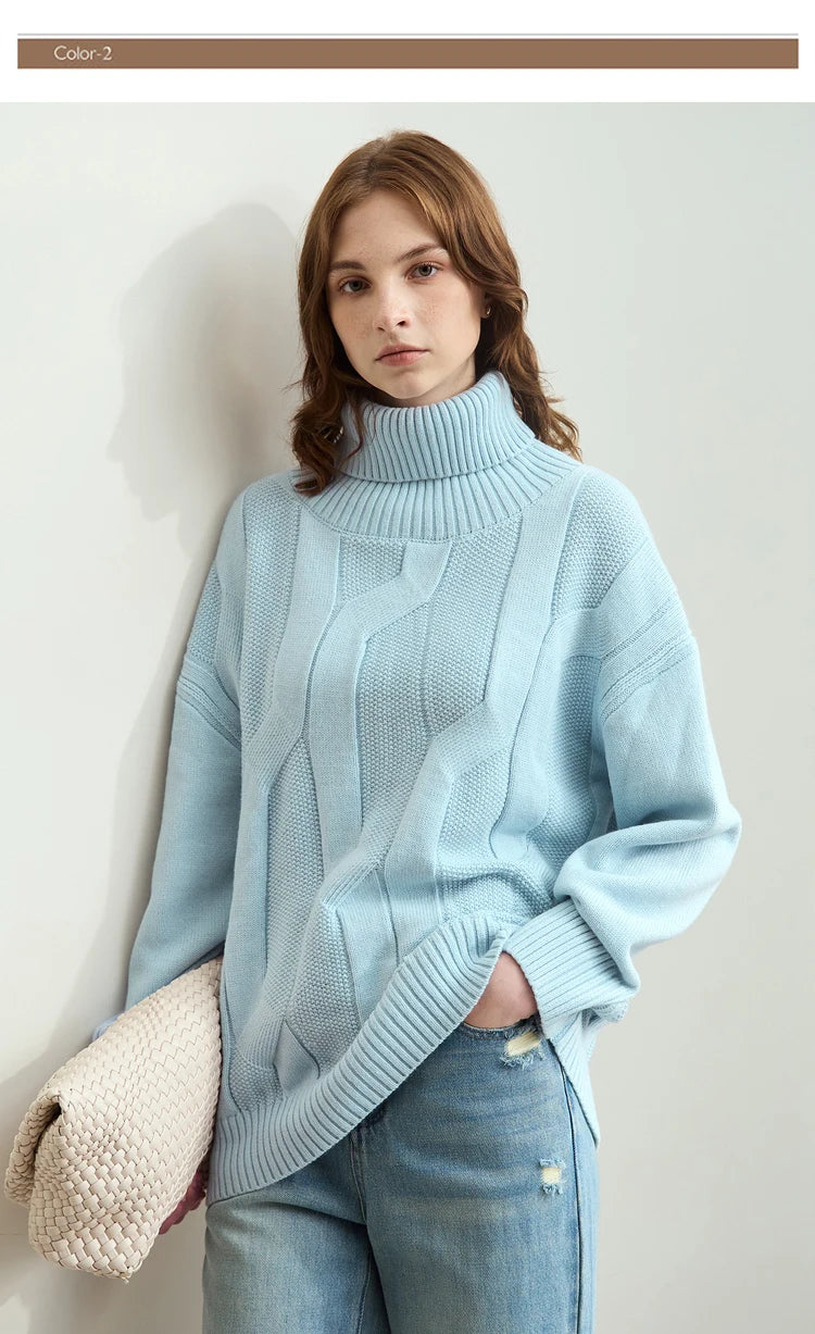 Damen-Rollkragenpullover locker Wolle-Mix lang Winter