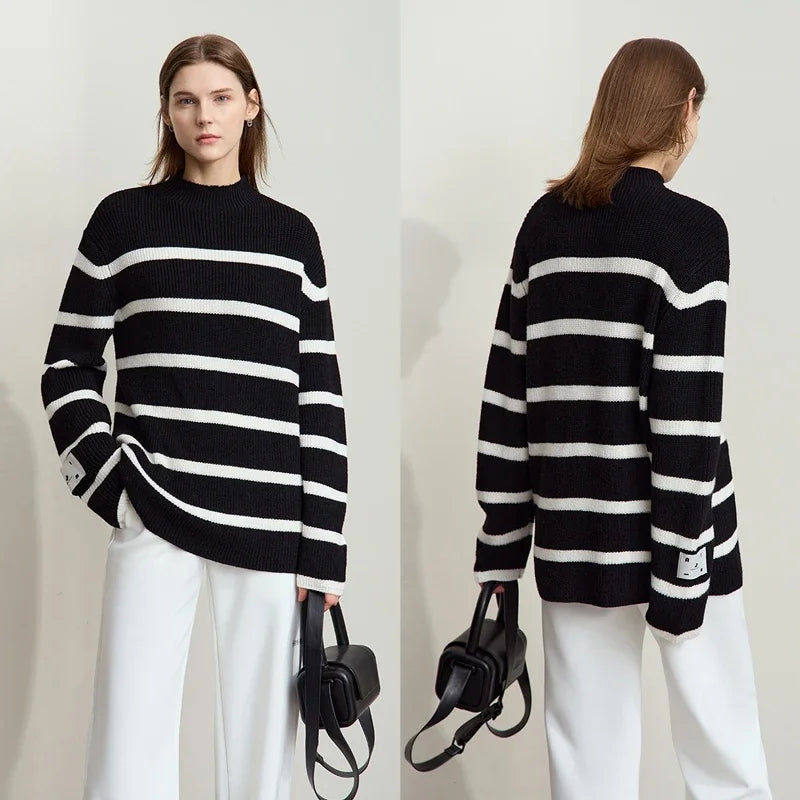 Damen-Strickjacke Streifen Stehkragen Kontrastfarben locker Weihnachten Winter