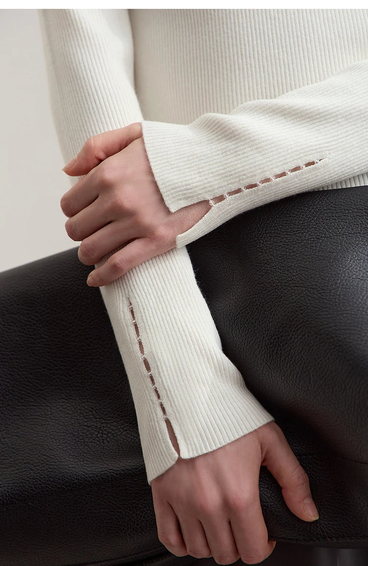AMII Damenpullover, cremefarben, Strickbündchen mit Ziernaht, Langarm