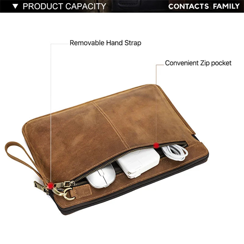 Braune Laptoptasche aus Leder mit herausnehmbarem Handriemen und Innentaschen
