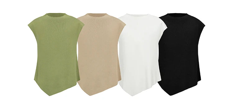 Mehrfarbige Stricktops im Set: grün, beige, weiß und schwarz, kurzarm