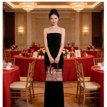 Damen Handtasche Aus Split-Leder Mit Crossbody-Tasche Im Chinesischen Stil