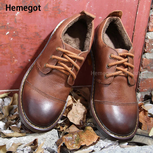Brown Low-Top Casual Shoes Men's Leather Autumn and Winter Vintage Leather Shoes British Style Work Shoes Winter Warm Shoes