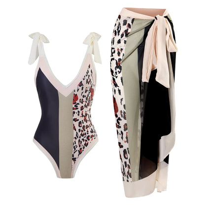 Damen Badeanzug Leopard Spleiß V-Ausschnitt mit Rock Monokini