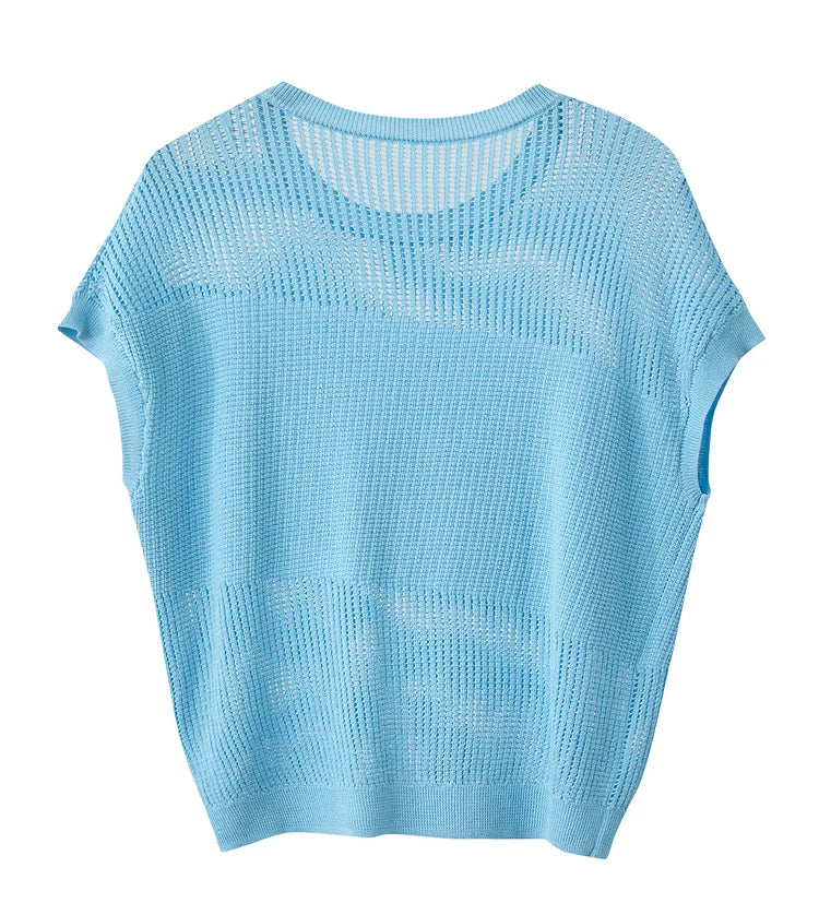 Damen-Wollstrickpullover hellblau, Lochstrick, lockere Passform, Rundhalsausschnitt.