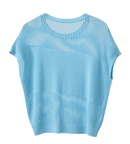 Damen-Wollstrickpullover hellblau, Lochstrick, lockere Passform, Rundhalsausschnitt.