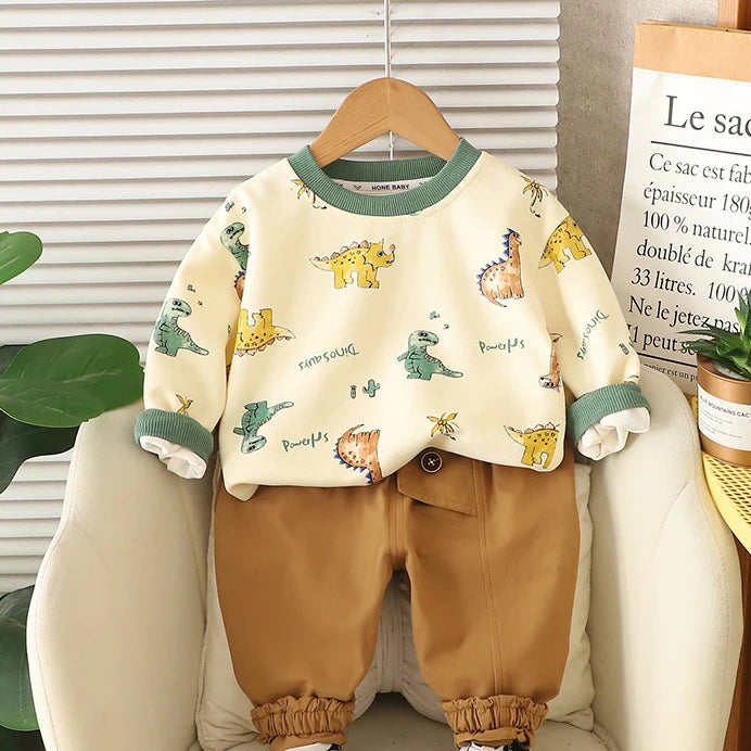Kinder Hoodie-Set mit Cartoon-Dinosaurier-Pullover und lockeren Hosen für Jungen