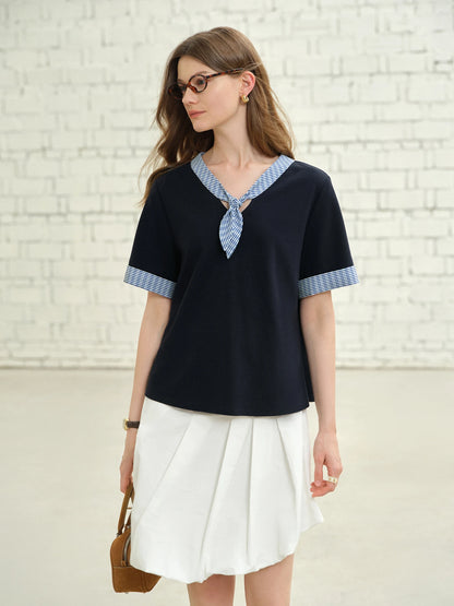 Ärmelloses Damen-Top aus reiner Baumwolle mit Wellenmuster und Perlendetails – atmungsaktiv und elegant in Blau