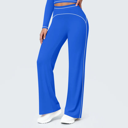 Blaue Yoga-Hose für Damen mit weitem Bein und weißen Kontrastlinien