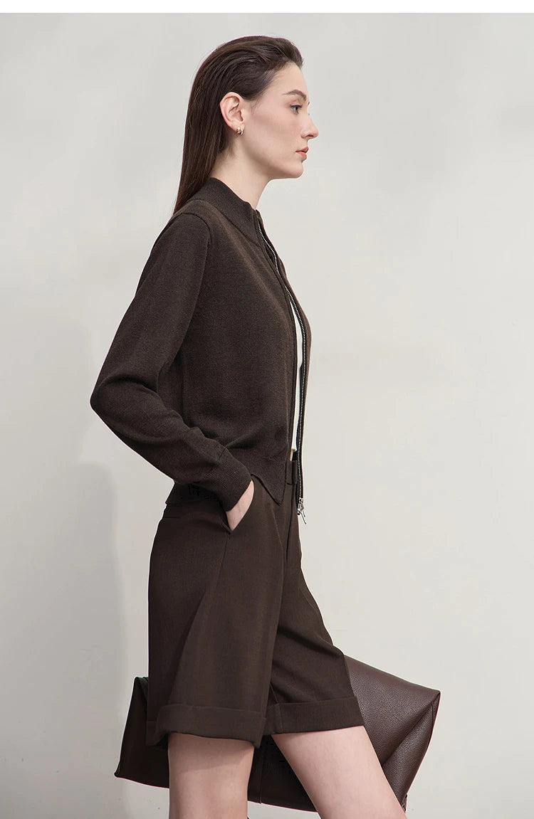 Damen-Rollkragen-Strickjacke kurz Reißverschluss Wolle Herbst-Winter