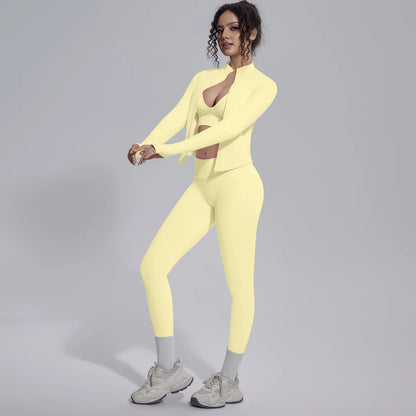 Nahtloses Yoga-Set Hellgelb: langärmlige Jacke, High-Waist Leggings, Sport-BH