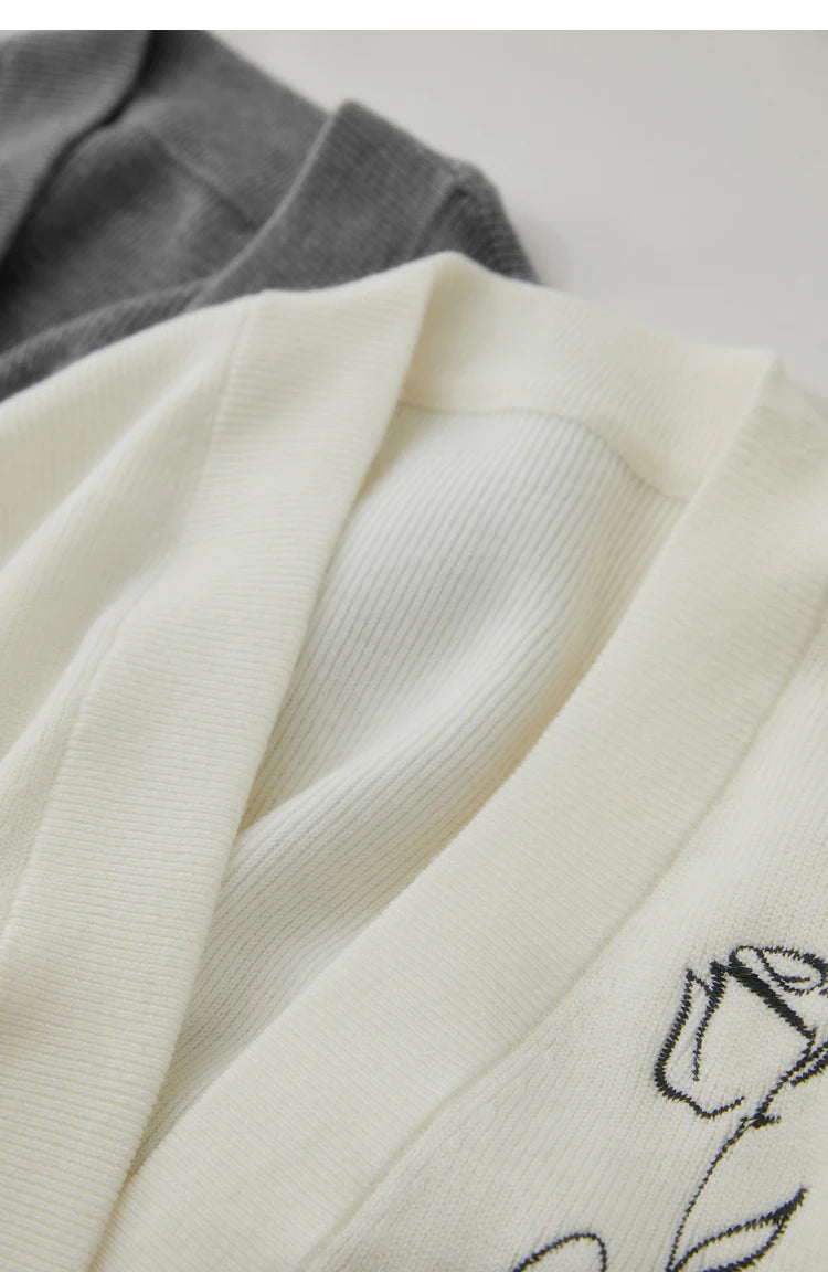 Damen-Strickjacke V-Ausschnitt Stickerei locker Langarm Herbst