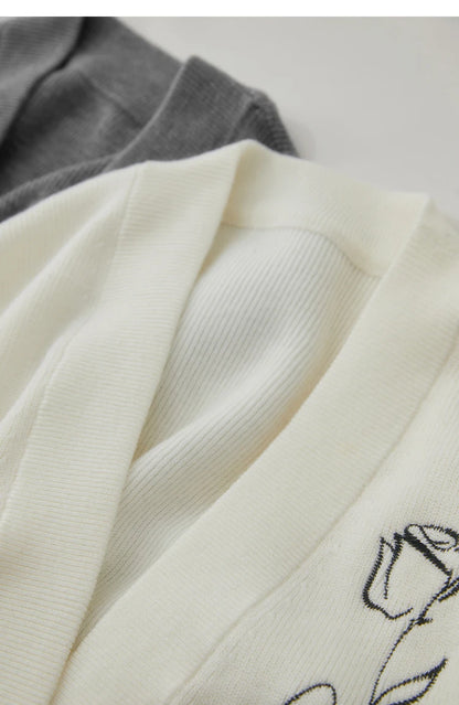 Damen-Strickjacke V-Ausschnitt Stickerei locker Langarm Herbst