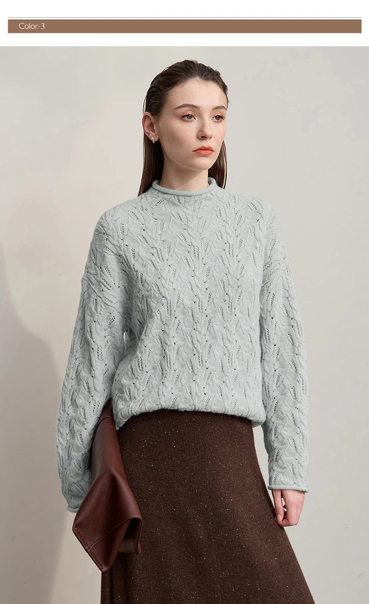 Damen-Strickpullover mit Stehkragen, langarm, hell mint-cremefarben, Nahansicht Frontpartie