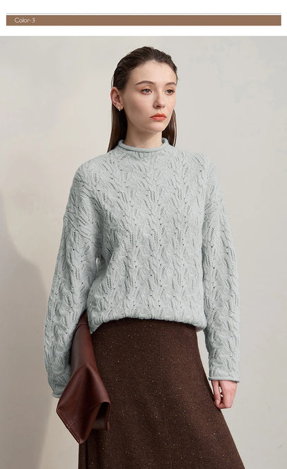 Damen-Strickpullover mit Stehkragen, langarm, hell mint-cremefarben, Nahansicht Frontpartie