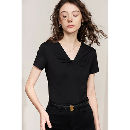 Damen T-Shirt im Minimalismus-Stil mit V-Ausschnitt und dünnem Design