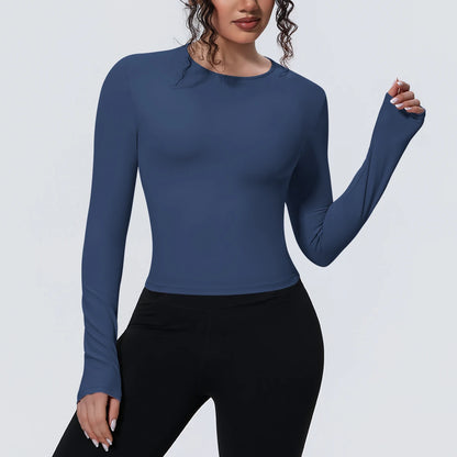 Dunkelblaues Langarm-Yoga-Shirt, Rundhalsausschnitt, eng anliegend, glatter Stoff