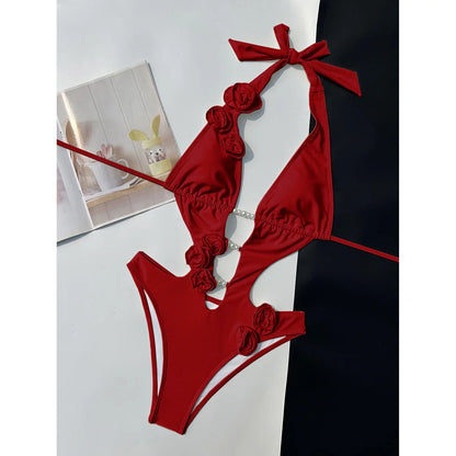 Damen Badeanzug 3D-Blumen tiefer V-Ausschnitt hoher Beinausschnitt Monokini rosa-rot