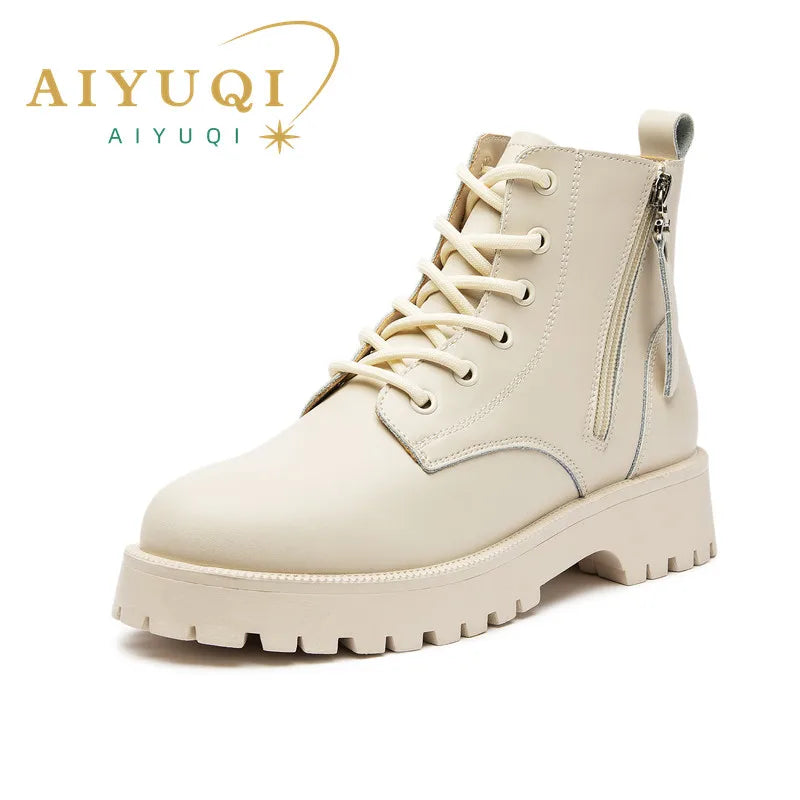 Damen-Stiefelette aus Leder in Beige, Schnürung und seitlichem Reißverschluss, Profilsohle