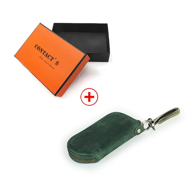 Schlüsseltasche aus Leder, dunkelgrün, mit Metallgriff und Reißverschluss