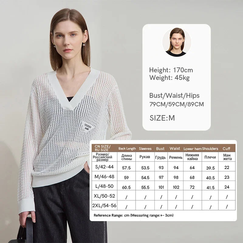 Damen-Strickpullover mit V-Ausschnitt, offene Maschen, lange Ärmel, weiß