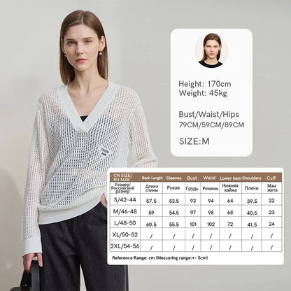 Damen-Strickpullover mit V-Ausschnitt, offene Maschen, lange Ärmel, weiß