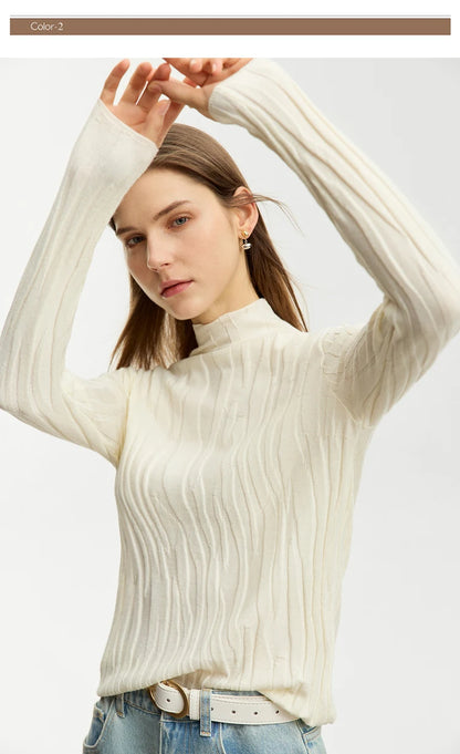Damen-Wollpullover mit Stehkragen, weiß, gerippter Strick und schmale Passform