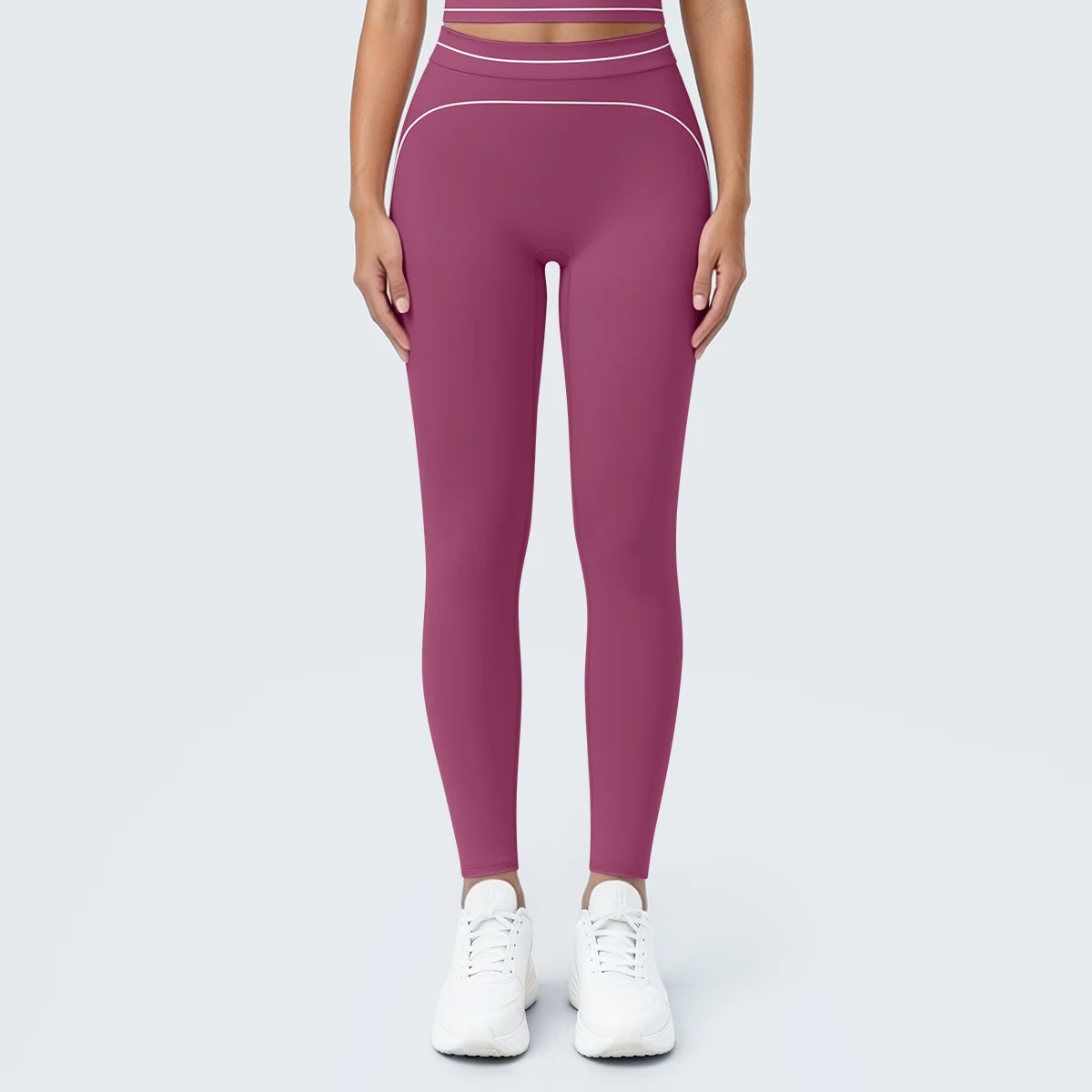 Nahtlose Yoga-Leggings mit hoher Taille, bordeaux, enganliegende Passform mit Kontrastlinien.