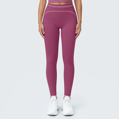 Nahtlose Yoga-Leggings mit hoher Taille, bordeaux, enganliegende Passform mit Kontrastlinien.