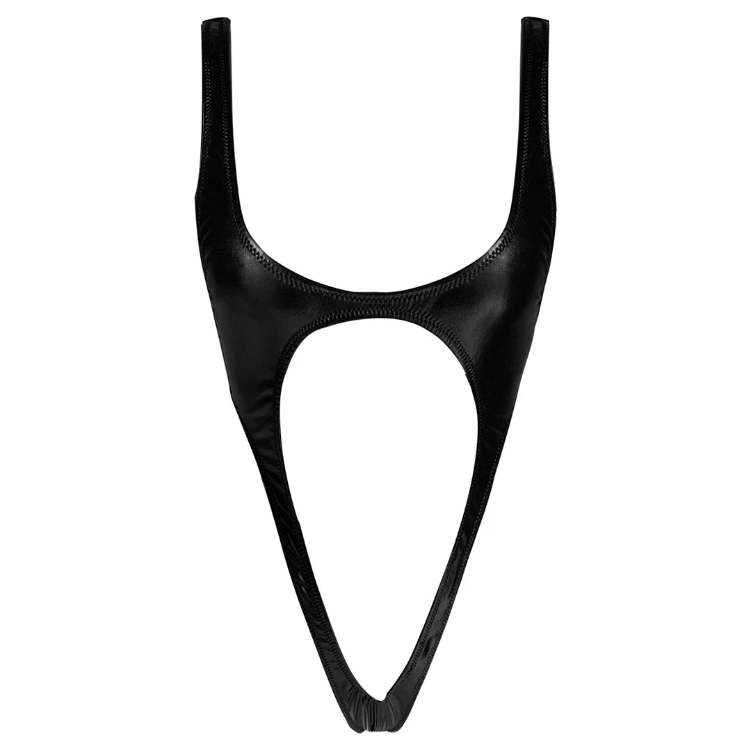 Damen Badeanzug PU-Kunstleder schwarz glänzend Cut-Out Tanga Monokini