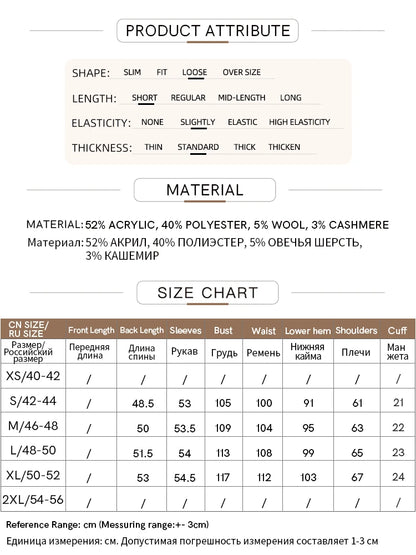 Infografik mit Produktattributen, Materialangaben und Größen-/Maßtabelle.