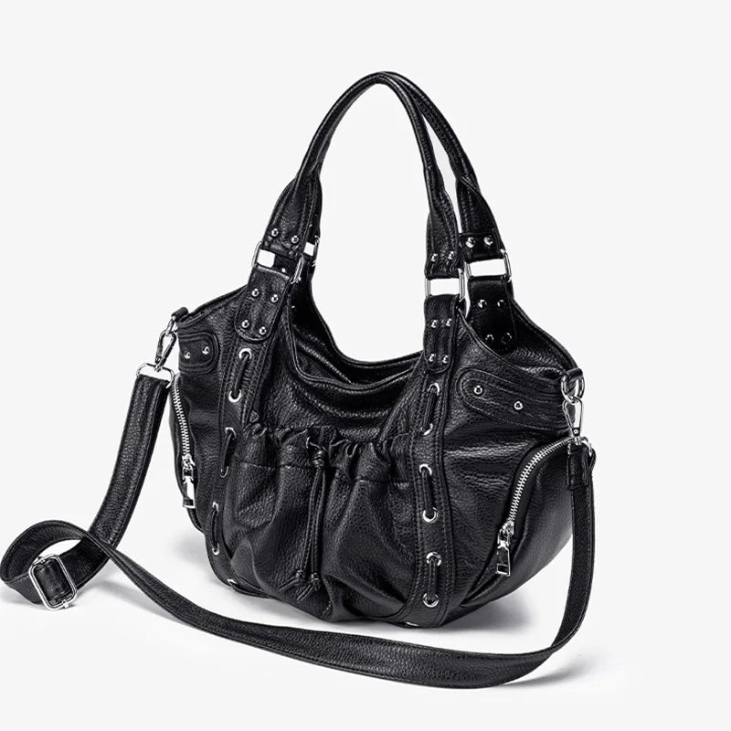 Damen-Hobo-Tasche Aus Leder Im Abgenutzten Retro-Y2K-Biker-Stil Mit Reißverschluss