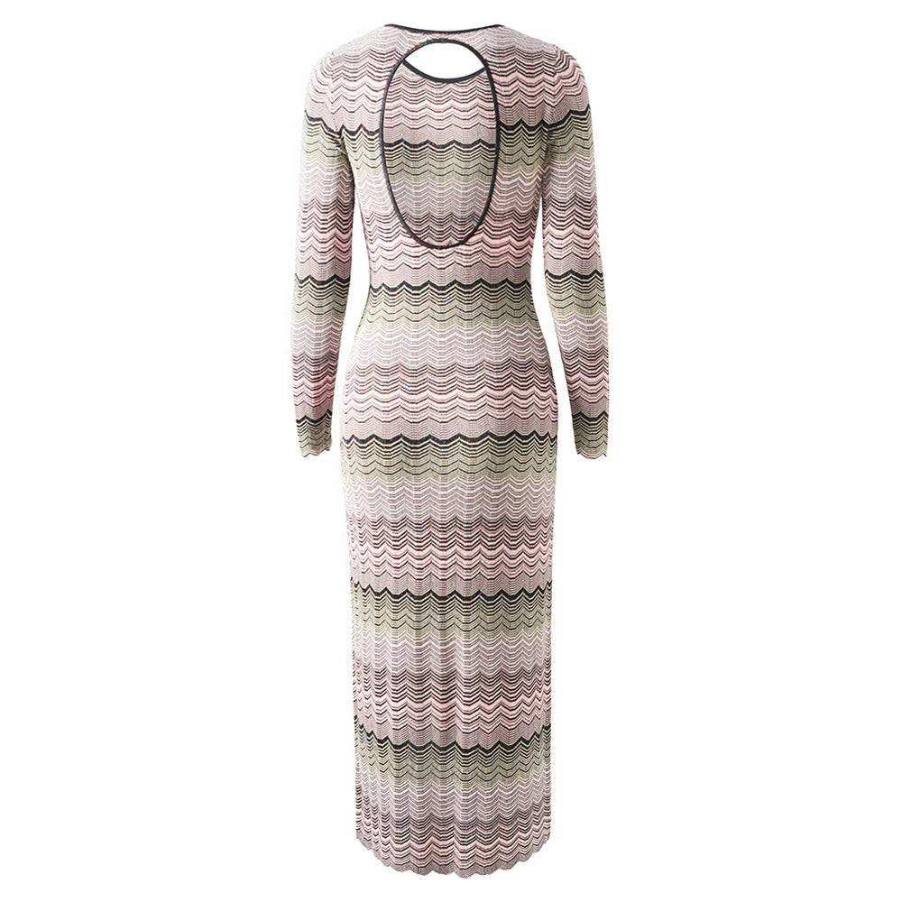 Elegantes Damen-Midikleid mit Rundhalsausschnitt und langen Ärmeln im Patchwork-Design mit Diamantenmuster