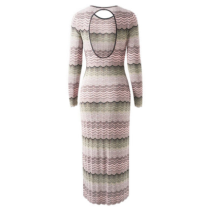 Elegantes Damen-Midikleid mit Rundhalsausschnitt und langen Ärmeln im Patchwork-Design mit Diamantenmuster