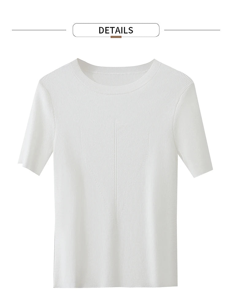 Damen-Rundhalspullover Lyocell Slim Kurzarm figurschmeichelnd Sommer