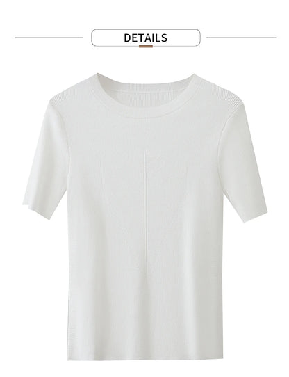Damen-Rundhalspullover Lyocell Slim Kurzarm figurschmeichelnd Sommer