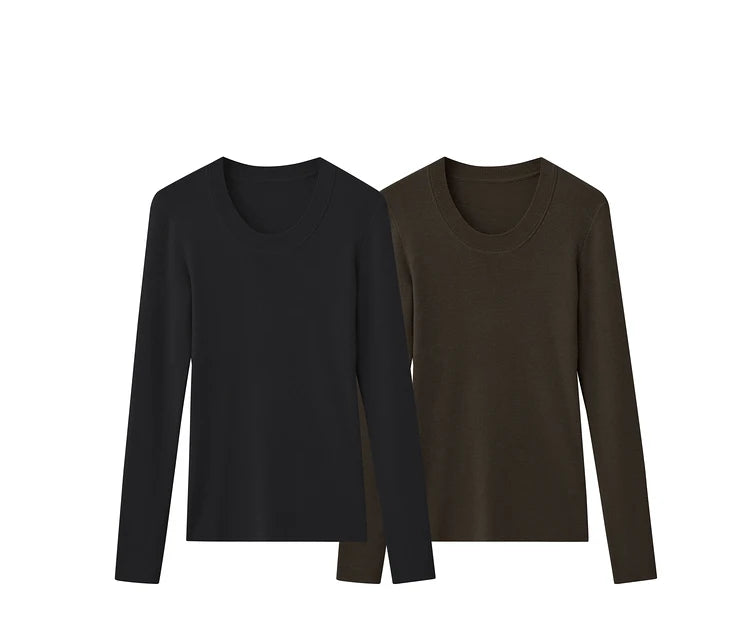 Schwarzer und brauner Damen-Strickpullover mit Rundhalsausschnitt, lange Ärmel