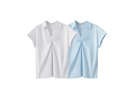 Damen Bluse im minimalistischen französischen Stil mit umlegekragen und gedrehten Falten