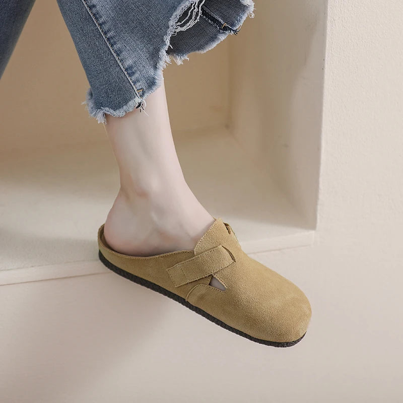 AIYUQI Hausschuhe Frauen Echt Leder 2025, Neue Große Größe 41 42 43 Frauen Sommer Schuhe Retro Oberbekleidung Flache Faule halbe Hausschuhe Frauen